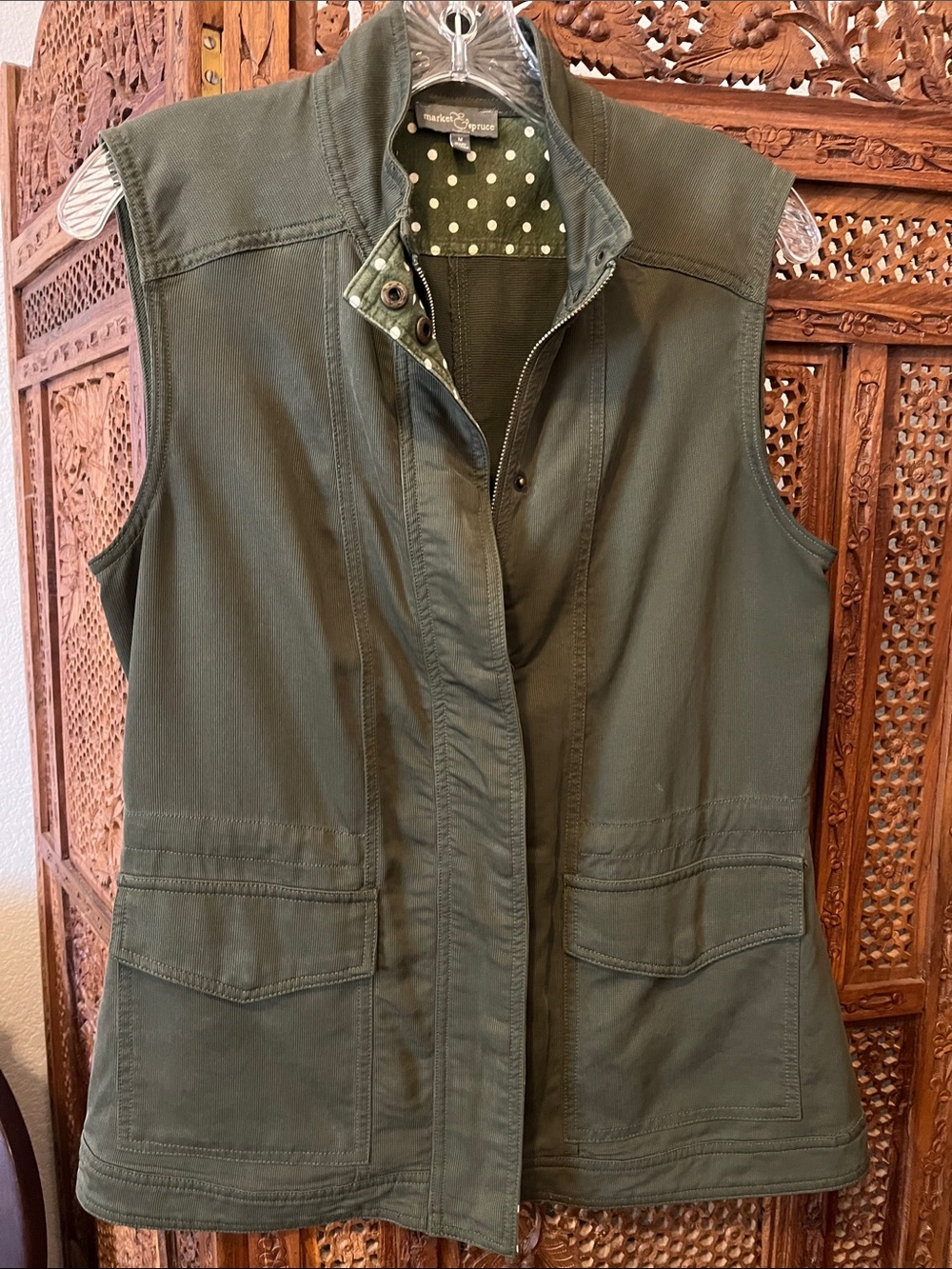 Market & Spruce Olive Green Utility Vest with Polka Dot Lining